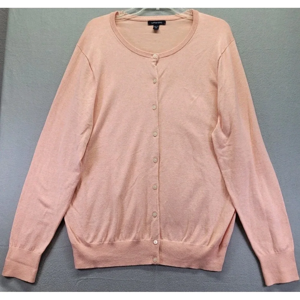 Lands End Cardigan Sweater Women's Size‎ XLT (18) Full Button Up Crew Neck Pink